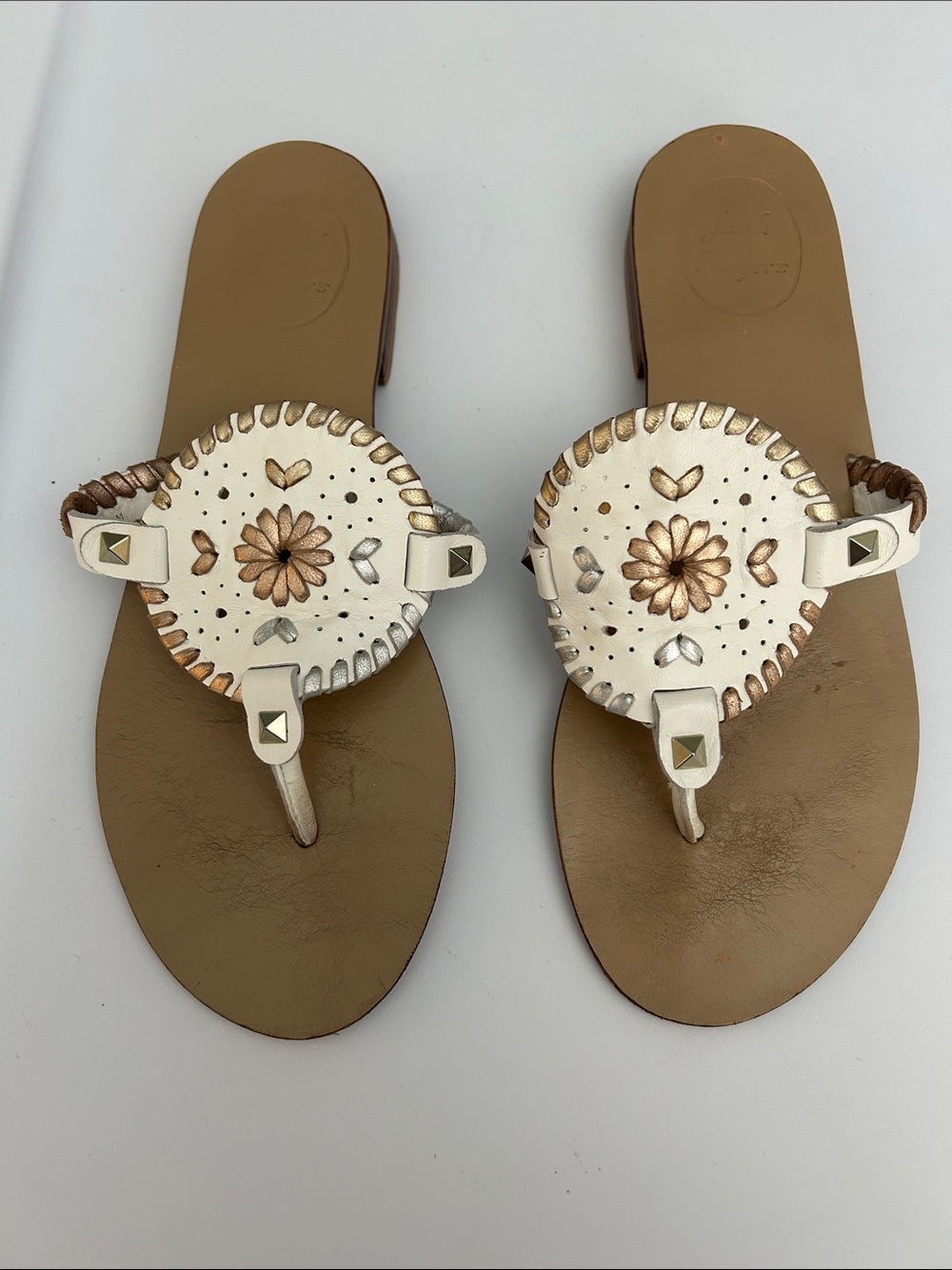 Jack Rogers White and Tan Embellished Thong Sandals